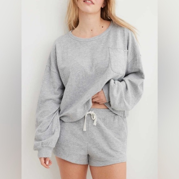 aerie Tops - Aerie Endless Summer Crewneck Sweatshirt in Heathered Gray Boxy Fit Ribbed